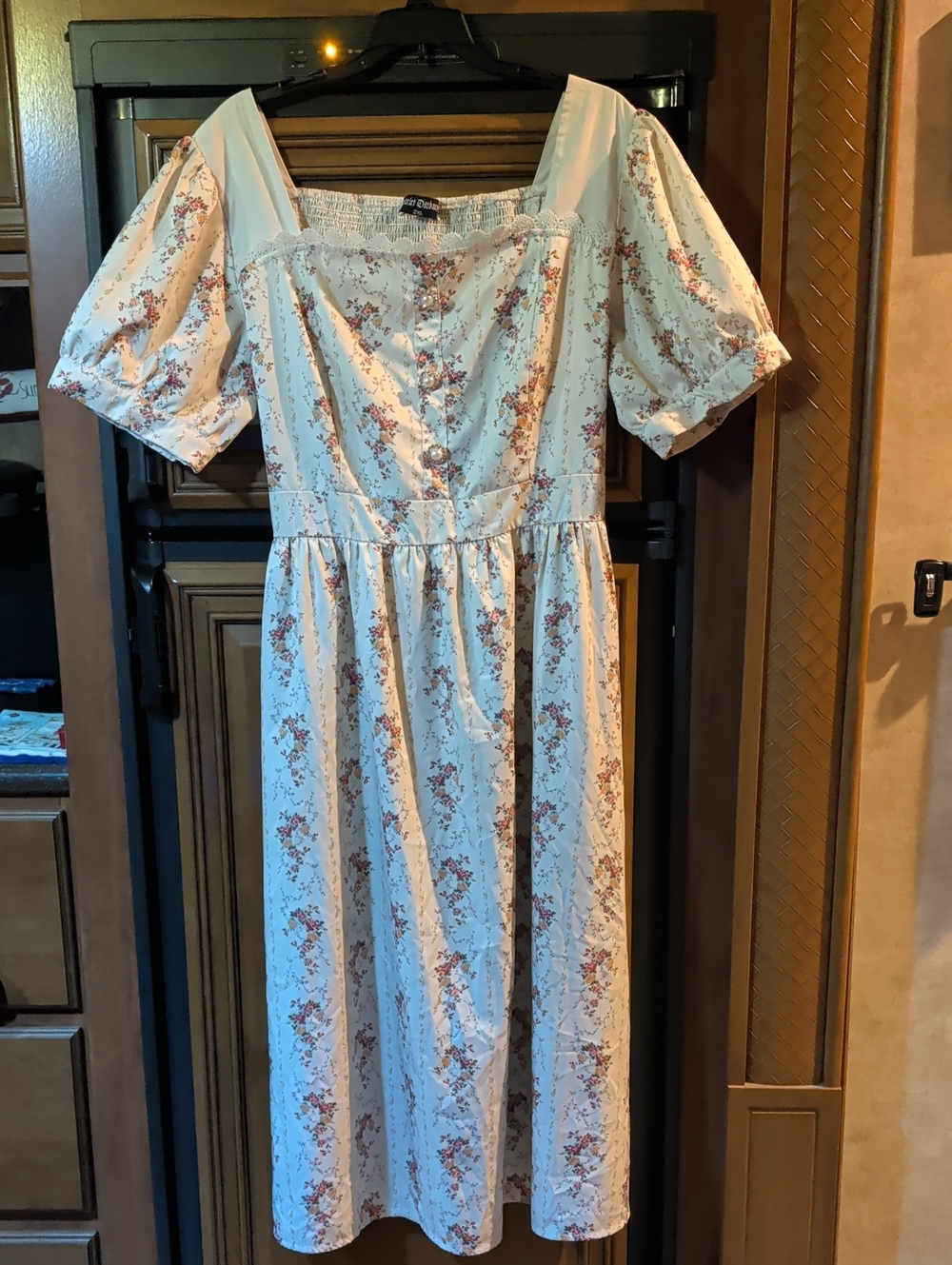 Scarlet Darkness Floral Cream Maxi Dress with Puff Sleeves and Button Front